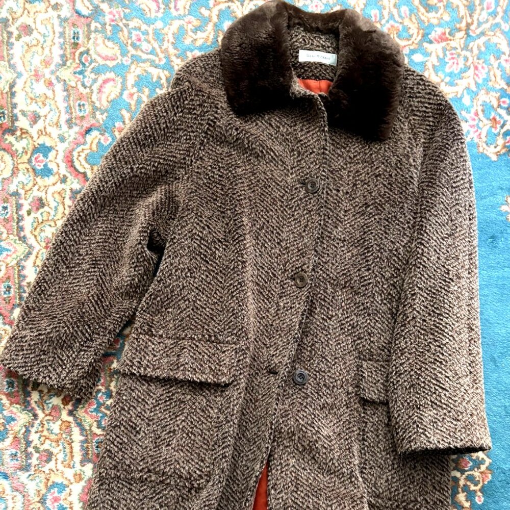 ISAAC MIZRAHI Alpaca Tweed Chincilla Fur Collar Coat, Wool, Mohair, Silk Lined.